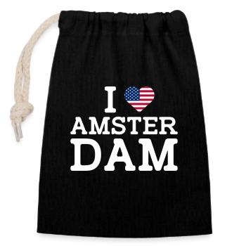 J’aime Amsterdam USA Drapeau American Lover Drapeau Jeu de mots - Sac cadeau en coton avec cordon (14 x 20 cm) - noir - Devant