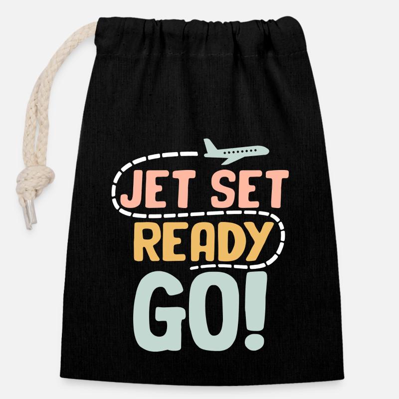 Jet Set Ready Go Flugzeug Urlaubsmodus - Verschließbarer Geschenkbeutel aus Baumwolle (14x20cm) - Schwarz