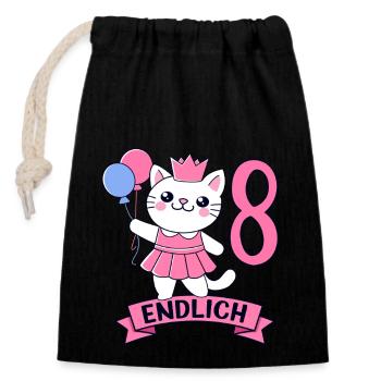 Motif d’anniversaire de chat enfin 8 ans fille - Sac cadeau en coton avec cordon (14 x 20 cm) - noir - Devant