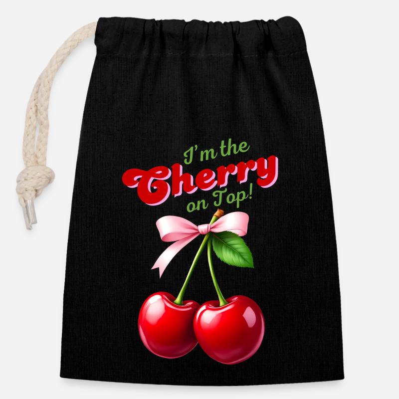 I'm the Cherry on Top - Kirschen mit rosa Schleife - Verschließbarer Geschenkbeutel aus Baumwolle (14x20cm) - Schwarz