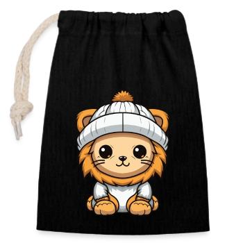 Lion Hiver Animal Bébé Bande Dessinée - Sac cadeau en coton avec cordon (14 x 20 cm) - noir - Devant