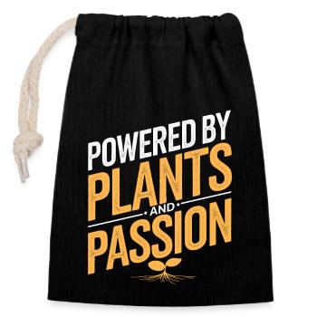 Powered By Plants And Passion - Vegan Vegetarisch - Verschließbarer Geschenkbeutel aus Baumwolle (14x20cm) - Schwarz - Vorne
