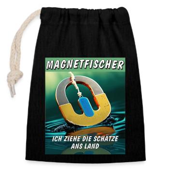 MAGNET FISCHER ZIEHE DIE SCHÄTZE ANS LAND - Verschließbarer Geschenkbeutel aus Baumwolle (14x20cm) - Schwarz - Vorne