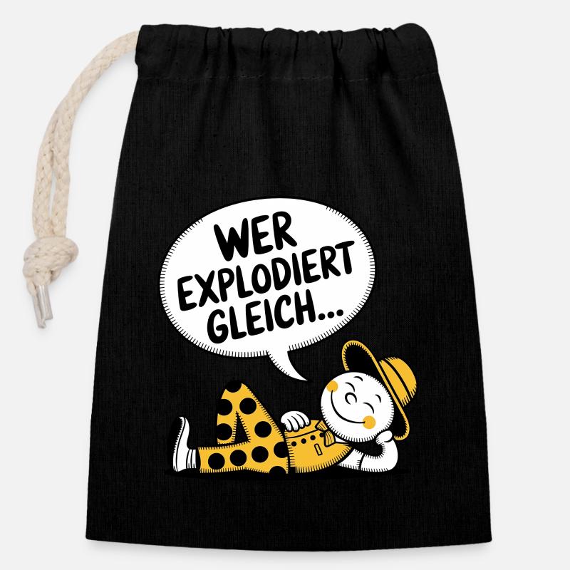 WER EXPLODIERT GLEICH - Verschließbarer Geschenkbeutel aus Baumwolle (14x20cm) - Schwarz
