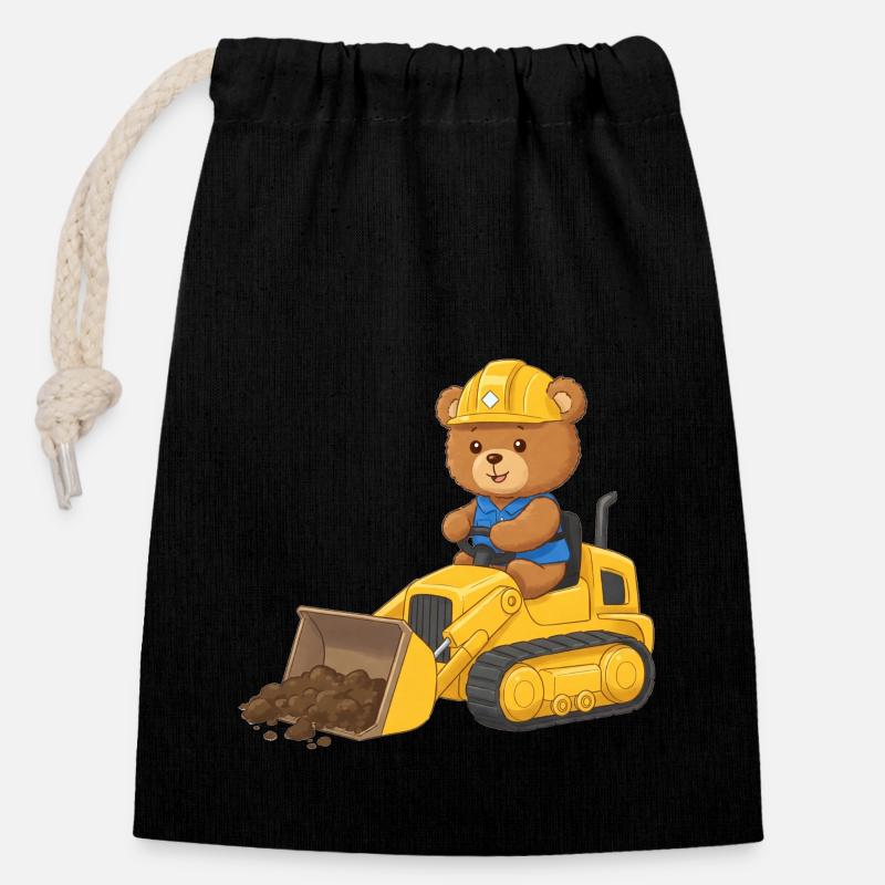 Ours en peluche Ouvrier du bâtiment - Sac cadeau en coton avec cordon (14 x 20 cm) - noir