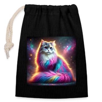 Chat magique de la galaxie avec fourrure arc-en-ciel - Sac cadeau en coton avec cordon (14 x 20 cm) - noir - Devant