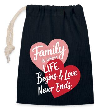 La famille est l’endroit où la vie commence - Sac cadeau en coton avec cordon (14 x 20 cm) - bleu marine - Devant