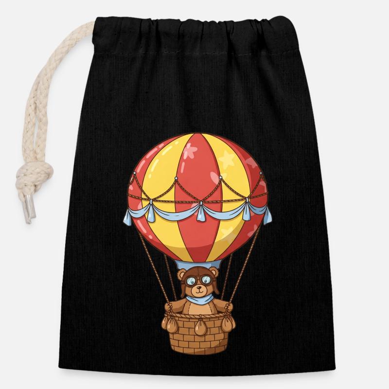Teddy Bear Montgolfière - Sac cadeau en coton avec cordon (14 x 20 cm) - noir