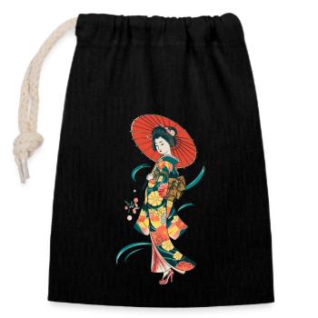 Geisha japonaise traditionnelle à motif floral - Sac cadeau en coton avec cordon (14 x 20 cm) - noir - Devant