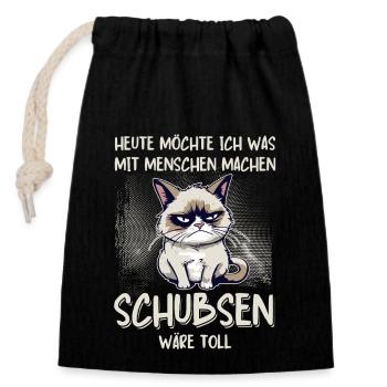 Menschen schubsen - Süße Grump Style Katze - Verschließbarer Geschenkbeutel aus Baumwolle (14x20cm) - Schwarz - Vorne