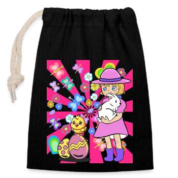 Kids Child Girl Bunny Chick Easter Retro - Closable cotton gift bag (14x20cm) - black - Front