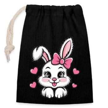 Süßer Hase mit Schleife und Herzen - Verschließbarer Geschenkbeutel aus Baumwolle (14x20cm) - Schwarz - Vorne