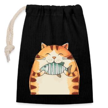 Chat joyeux avec câlin de poisson - Sac cadeau en coton avec cordon (14 x 20 cm) - noir - Devant