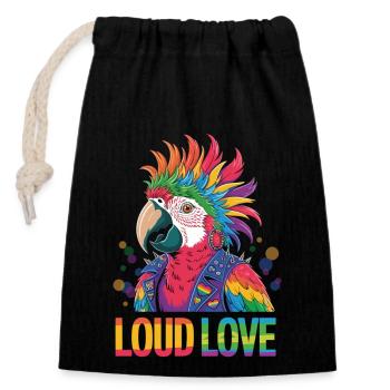 Loud. Colorful. Loving. Pride Parrot Power - Closable cotton gift bag (14x20cm) - black - Front