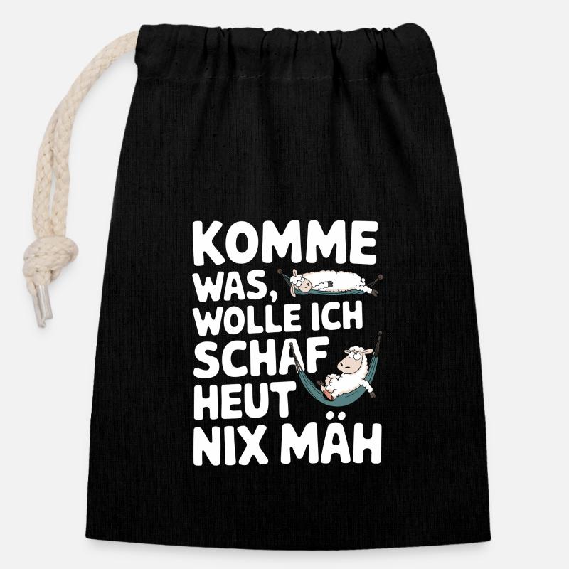 Komme was WOLLE Ich SCHAF heut nix MÄH - Verschließbarer Geschenkbeutel aus Baumwolle (14x20cm) - Schwarz