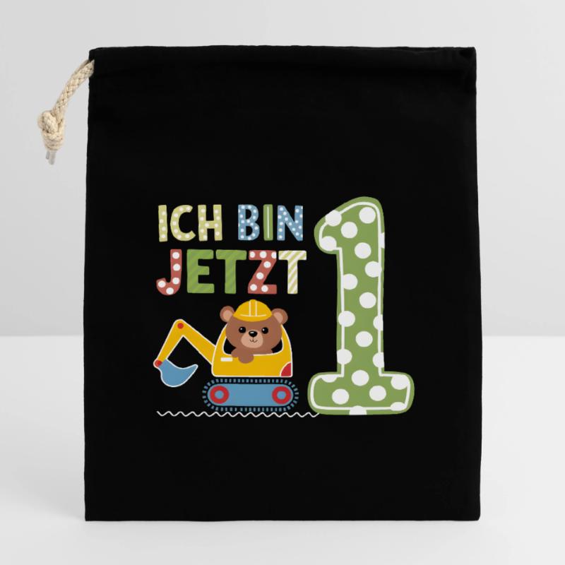 Ich bin jetzt 1 Bagger Bär 1. Geburtstag Verschließbarer Geschenkbeutel aus Baumwolle (14x20cm)
