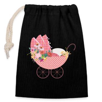 Verspielter Blumen-Kinderwagen –Romantisches Motiv - Verschließbarer Geschenkbeutel aus Baumwolle (14x20cm) - Schwarz - Vorne