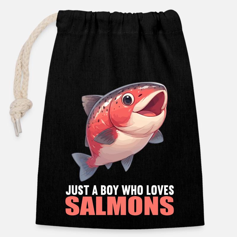 Saumon Saumon - Sac cadeau en coton avec cordon (14 x 20 cm) - noir