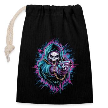 Grim Reaper mit Waffe - Neon Tod Totenkopf - Verschließbarer Geschenkbeutel aus Baumwolle (14x20cm) - Schwarz - Vorne