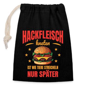 Hackfleisch kneten Tiere Streicheln Metzger Spruch - Verschließbarer Geschenkbeutel aus Baumwolle (14x20cm) - Schwarz - Vorne