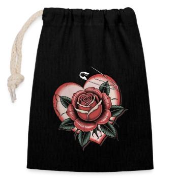 Coeur avec Rose avec épingle à nourrice, Amour, Tatouage - Sac cadeau en coton avec cordon (14 x 20 cm) - noir - Devant