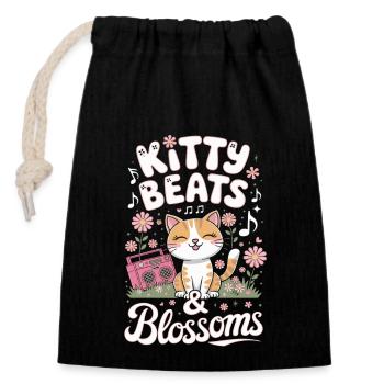 Kitty Beats & Blossoms Musikliebe Katzenfreunde - Verschließbarer Geschenkbeutel aus Baumwolle (14x20cm) - Schwarz - Vorne