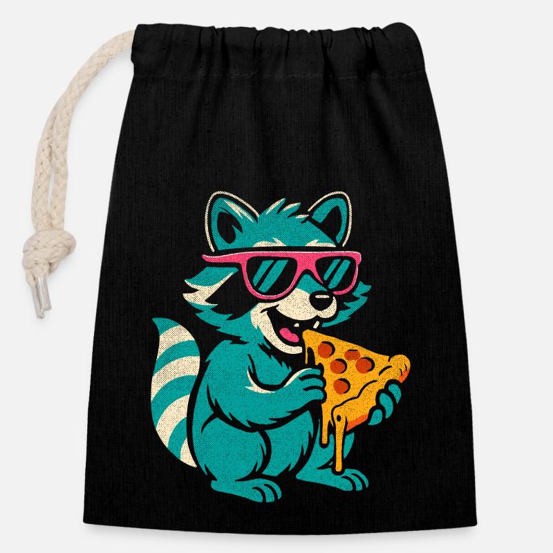 raton laveur en lunettes de soleil mangeant de la pizza - Sac cadeau en coton avec cordon (14 x 20 cm) - noir