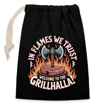 Grillen - Willkommen in Grillhalla - Verschließbarer Geschenkbeutel aus Baumwolle (14x20cm) - Schwarz - Vorne