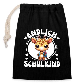 Endlich Schulkind süßer Giraffe zur Einschulung - Verschließbarer Geschenkbeutel aus Baumwolle (14x20cm) - Schwarz - Vorne