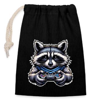 Raccoon Gamer Gaming Nerd - Closable cotton gift bag (14x20cm) - black - Front