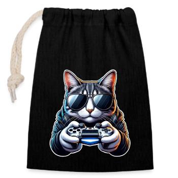 Cat Gamer Gaming Nerd - Closable cotton gift bag (14x20cm) - black - Front