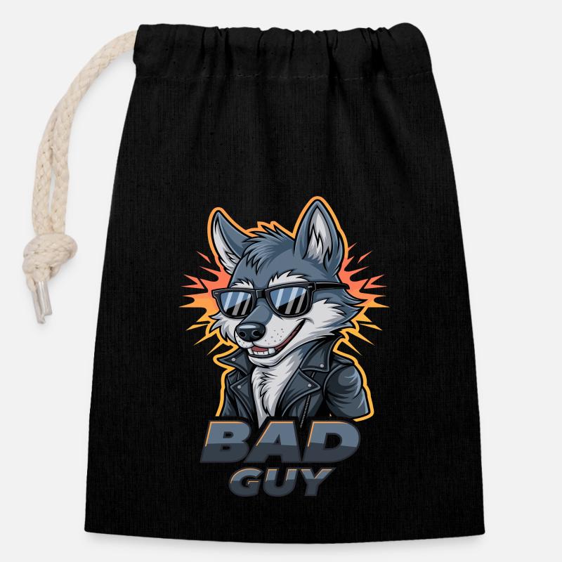 Cooler Wolf Mit Sonnenbrille Und Lederjacke - Bad - Verschließbarer Geschenkbeutel aus Baumwolle (14x20cm) - Schwarz