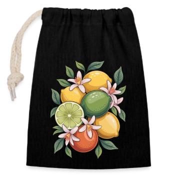 Fresh citrus fruits and flowers arrangement - Closable cotton gift bag (14x20cm) - black - Front