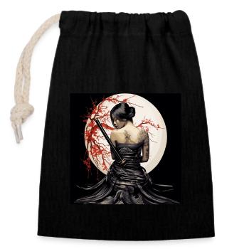 Geisha devant la pleine lune avec décoration de fleurs de cerisier - Sac cadeau en coton avec cordon (14 x 20 cm) - noir - Devant