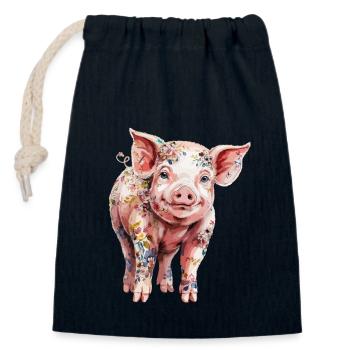Cochon floral avec imprimé floral pour - Sac cadeau en coton avec cordon (14 x 20 cm) - bleu marine - Devant