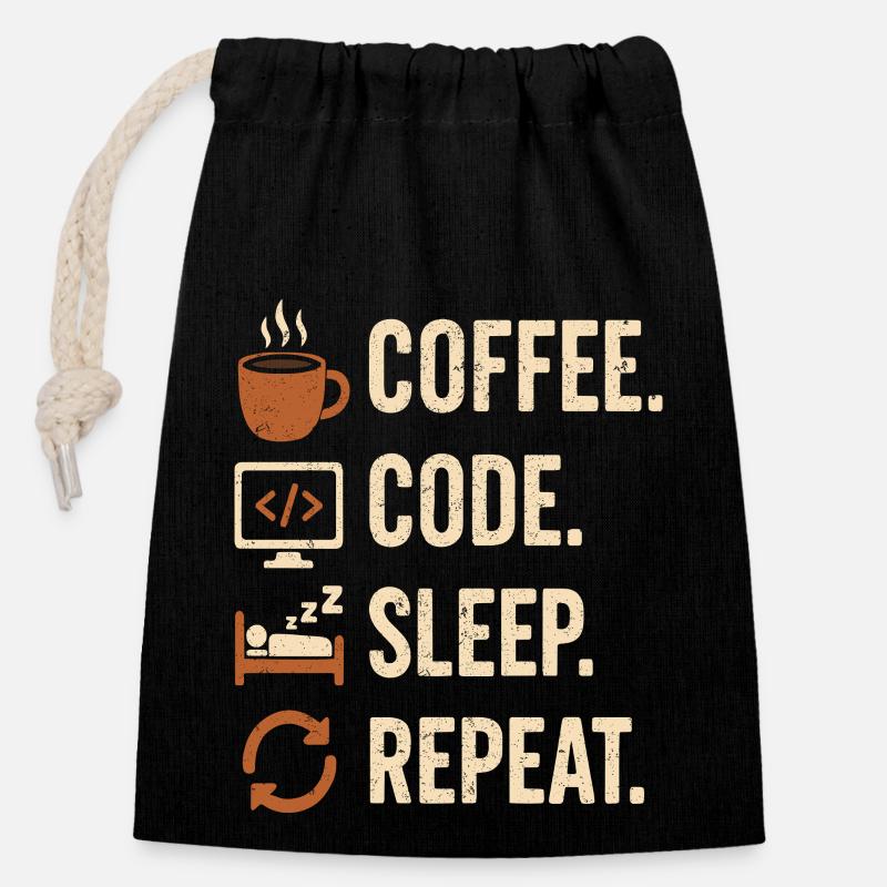 Geek Coder Routine – Coffee, Code, Sleep, More - Closable cotton gift bag (14x20cm) - black