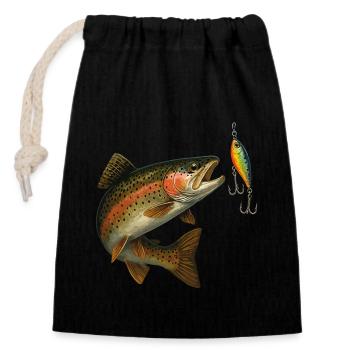 Forellenbiss Design – Trout & Wobbler Szene - Verschließbarer Geschenkbeutel aus Baumwolle (14x20cm) - Schwarz - Vorne
