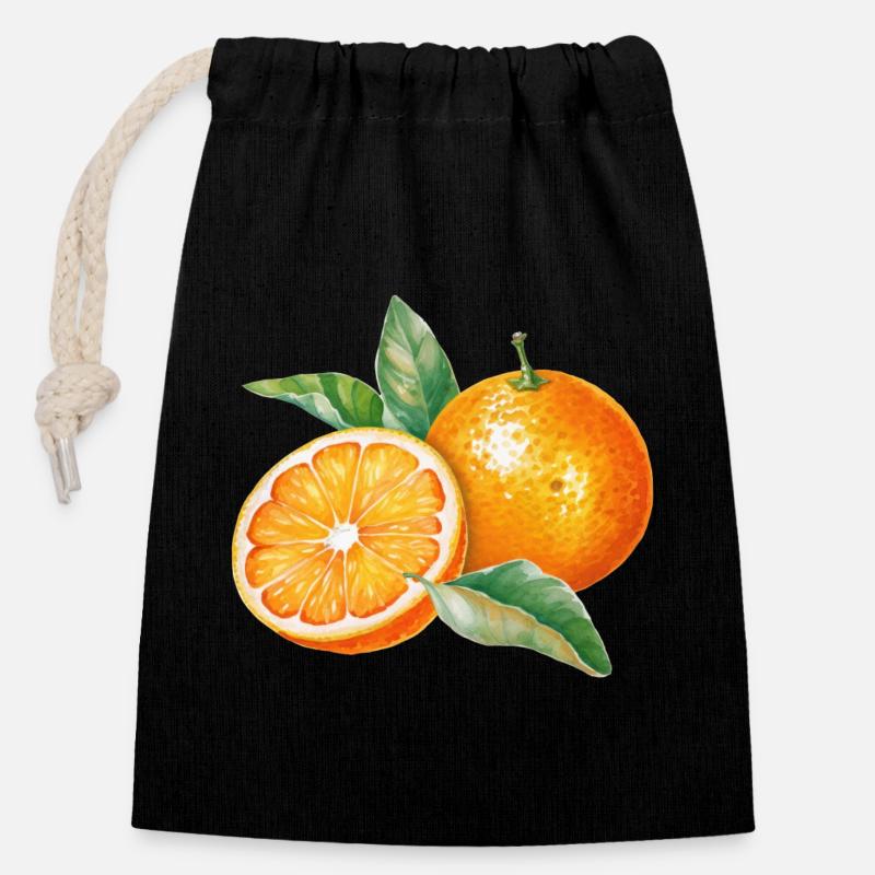 Wasserfarbene Orangenfrüchte mit Blättern - Verschließbarer Geschenkbeutel aus Baumwolle (14x20cm) - Schwarz