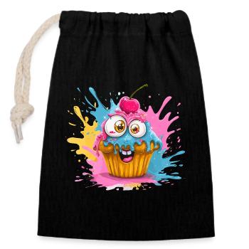 Colorful cupcake with googly eyes - Closable cotton gift bag (14x20cm) - black - Front