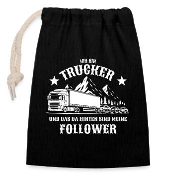 Ich bin Trucker, hinten meine Follower - LKW Stau - Verschließbarer Geschenkbeutel aus Baumwolle (14x20cm) - Schwarz - Vorne
