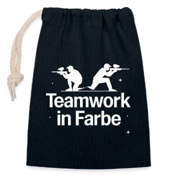 Travail d’équipe dans l’équipe de paintball en couleur pour s’amuser - Sac cadeau en coton avec cordon (14 x 20 cm) - bleu marine - Devant