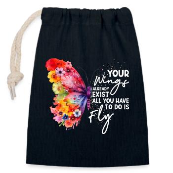 Graphique inspirant de fan papillon - Sac cadeau en coton avec cordon (14 x 20 cm) - bleu marine - Devant