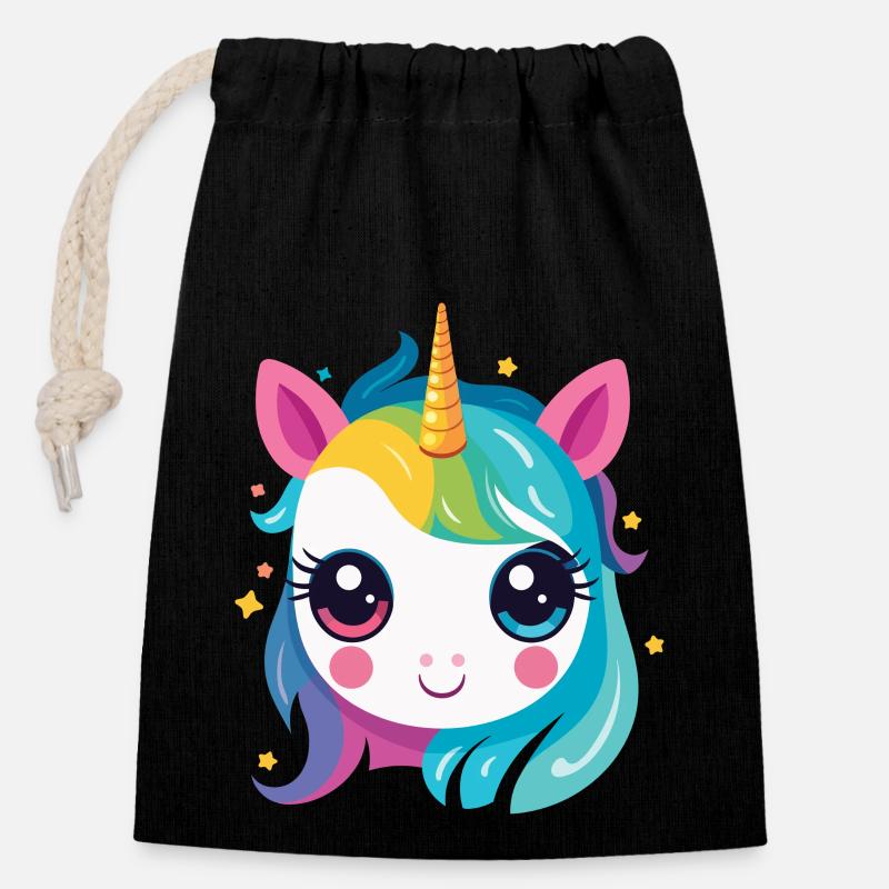 Une licorne arc-en-ciel - Sac cadeau en coton avec cordon (14 x 20 cm) - noir