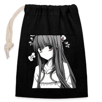 Zarte Blüten: Romantisches Anime-Mädchen mit Blume - Verschließbarer Geschenkbeutel aus Baumwolle (14x20cm) - Schwarz - Vorne