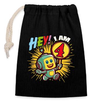 Petit robot de quatre ans Bonjour j’ai 4 ans - Sac cadeau en coton avec cordon (14 x 20 cm) - noir - Devant