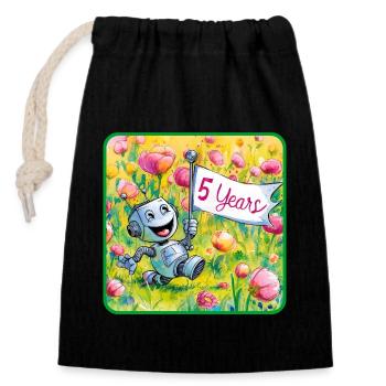 5 Jahre, 5. Geburtstag Roboter auf Blumenwiese - Verschließbarer Geschenkbeutel aus Baumwolle (14x20cm) - Schwarz - Vorne