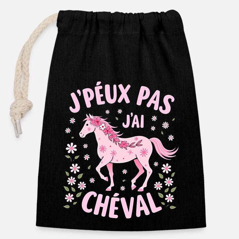 J'Peux Pas J'Ai Cheval, Rose - Sac cadeau en coton avec cordon (14 x 20 cm) - noir