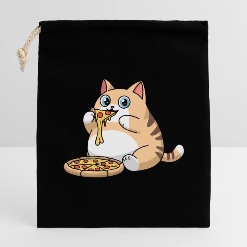 Chat potelé mignon mangeant de la pizza Sac cadeau en coton avec cordon (14 x 20 cm)