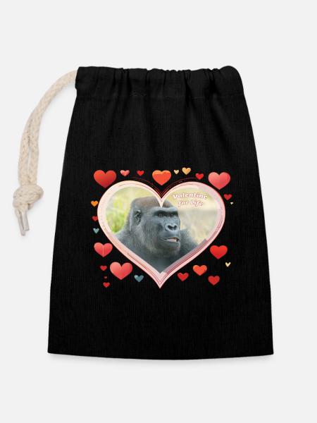 Valentine for Life - Unique Gorilla Heart Design - Closable cotton gift bag (14x20cm) - black