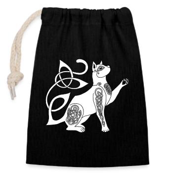 Chat blanc celte - Sac cadeau en coton avec cordon (14 x 20 cm) - noir - Devant